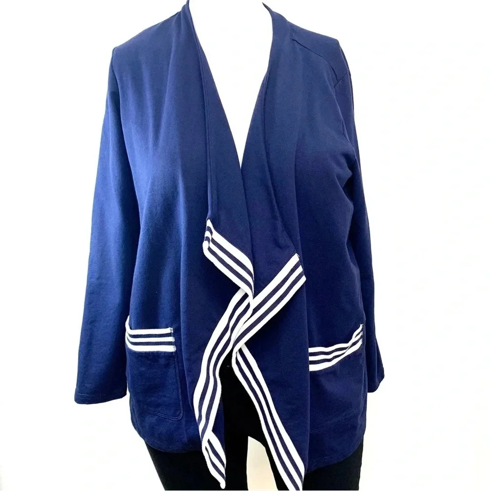 D Co Active Cardigan Woman 1X Blue White Open Drape Long Sleeve Pockets Stretch